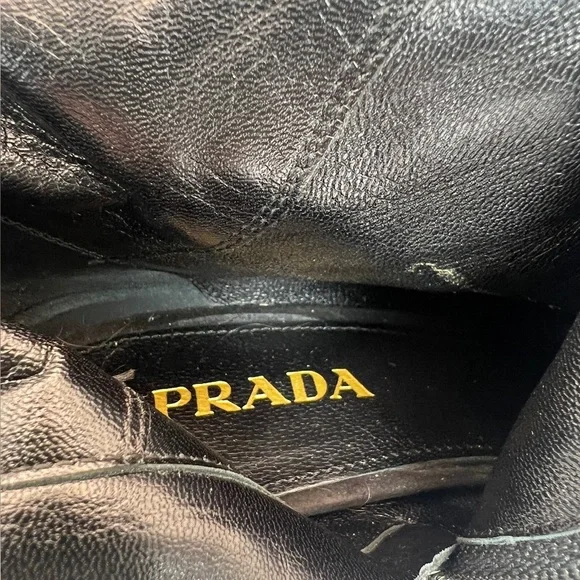Prada Black Suede Block Heeled Booties with mirror detail on heel 37.5